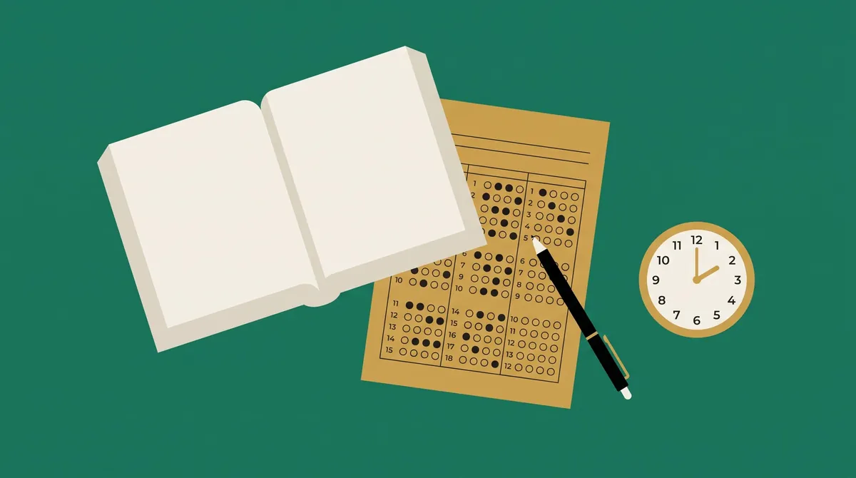 An OMR answer sheet, a pen and a clock